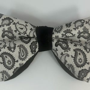 May include: A patterned bow tie featuring a black and white paisley design. The center knot is black, and the edges are also black. The bow tie is a formal accessory.