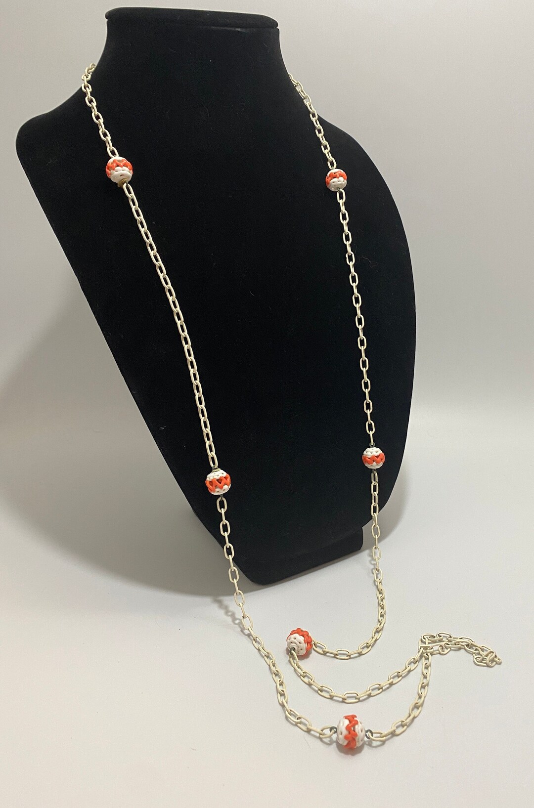 Vintage Opera Style Painted Metal Chain With Enamel Round Accent Beads ...