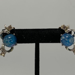 Vintage Coro Silver Tone Faux Blue and Fleck Moonstone with Rhinestones Clip on Earrings