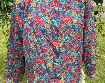Vintage Essentials Multi Color Long Sleeve Flower Design Button Up Blouse XL