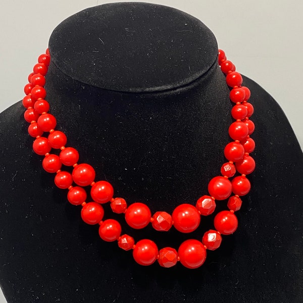 Vintage 2 Strand Red Plastic Bead Necklace Japan Hallmark