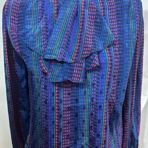 Vintage Nicola Brand Long Sleeve Button Back Ruffle High Collar Stripe Long Dot Multi Color Pattern Blouse Medium