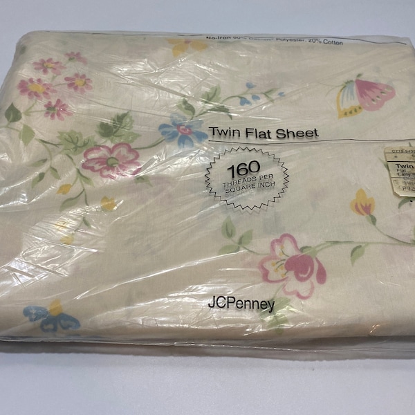 Vintage New Old Stock JC Penney Twin Flat Sheet Dacron Polyester Cotton "Early Spring" Flowers