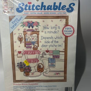 Vintage 1993 Stitchables Brand Counted Cross Stitch Kit &#39;Powder Room Reminder&#39; Sealed Not Used