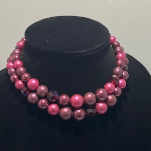 Vintage 2 Strand Choker Style Purple & Red Plastic Beaded Necklace