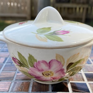 Vintage White Ceramic with Pink Flower Trinket Dish with Lid
