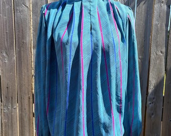 Vintage Steven Barry High Neck Pleated Front Puffy Sleeve Teal Stripe Design Polyester Long Sleeve Blouse