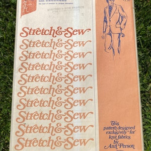 May include: A vintage sewing pattern for a classic jacket, featuring a man wearing a jacket on the front cover. The pattern is designed for knit fabrics and is by Ann Person. The pattern number is R010974. The pattern is from Stretch & Sew Fabrics.