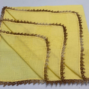 Vintage Brown Embroidered Edge Yellow Handkerchief 11&quot; x 11&quot;