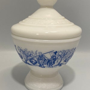 Vintage Apothecary Jar Milk Glass with Lid Japanese Theme - Made in Belgium