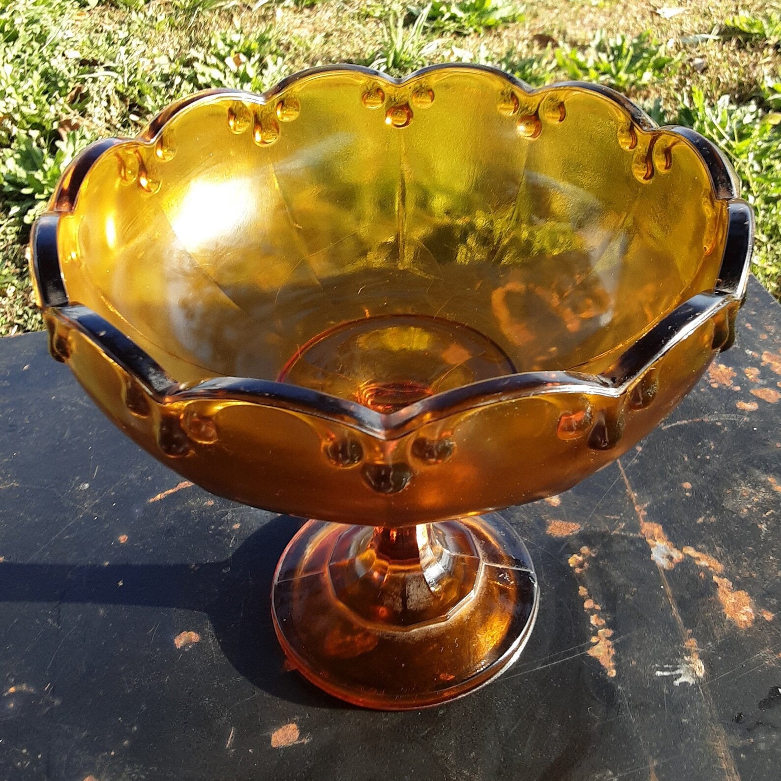 Heavy amber glass pedestal bowl. Midcentury compote. Etsy