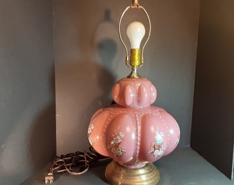 Mauve pink melon table lamp with rusty chippy metal base Carl Falkenstein bubble lamp blue/white flowers and sage green/metallic gold leaves