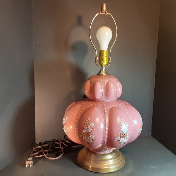 Mauve pink melon table lamp with rusty chippy metal base Carl Falkenstein bubble lamp blue/white flowers and sage green/metallic gold leaves