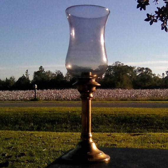 Large solid brass candle holder hurricane lamp/smoky glass ...