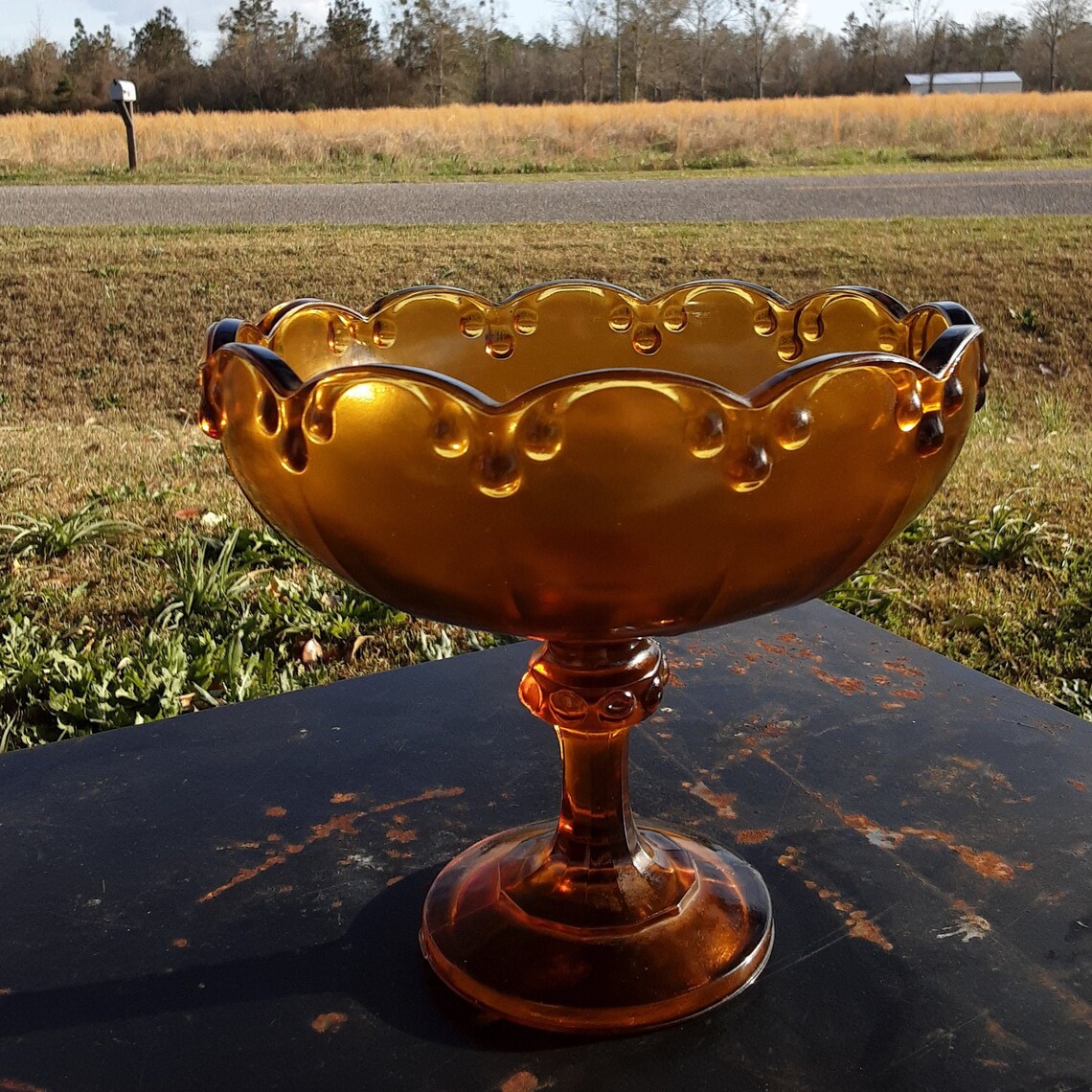 Heavy amber glass pedestal bowl. Midcentury compote. Etsy