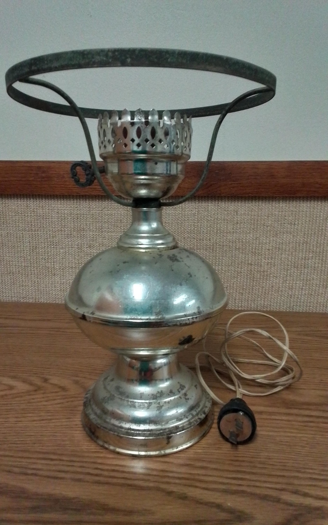 1900s Silver Metal Electric Table Lamp in Oil Lamp Style With Original ...