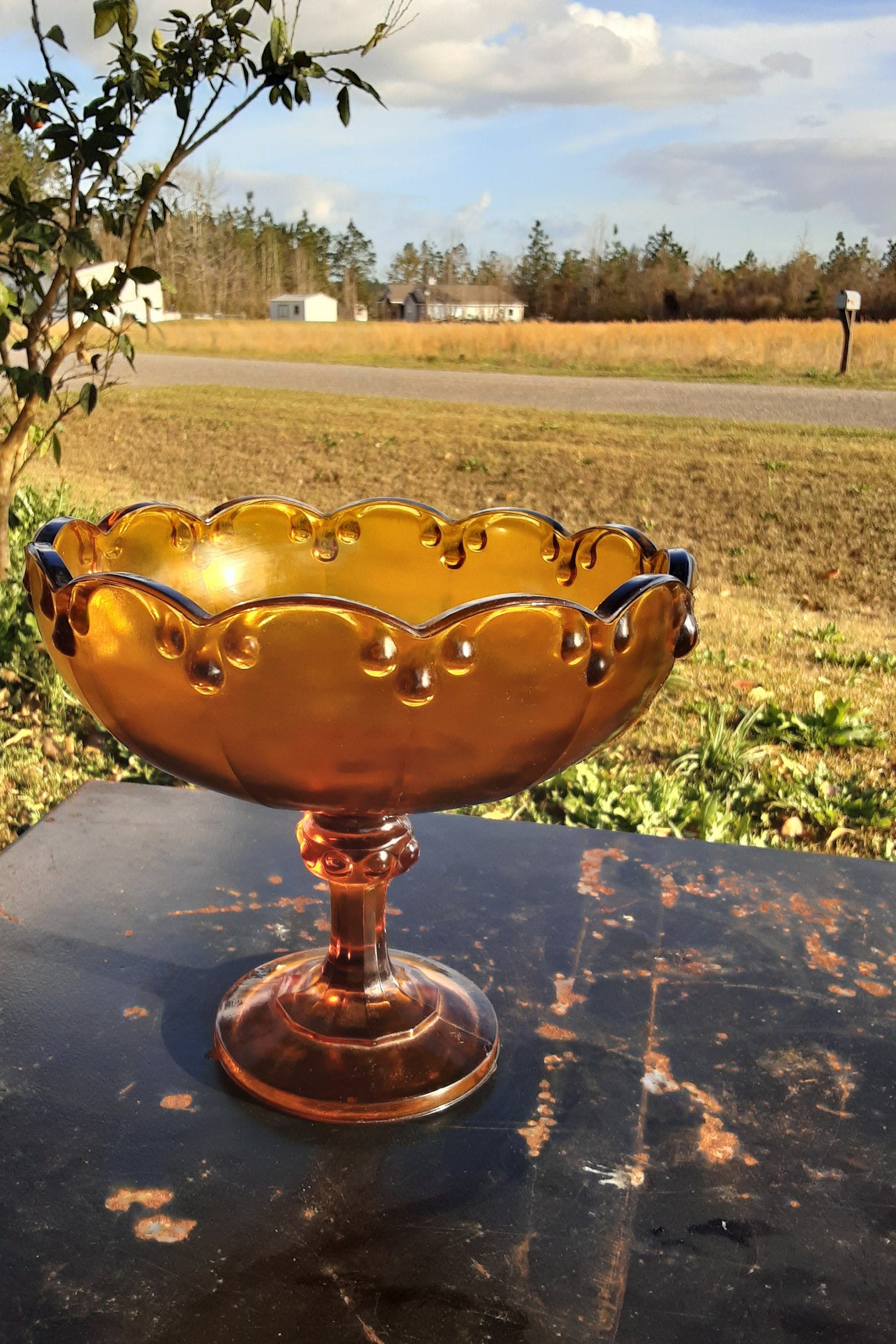 Heavy amber glass pedestal bowl. Midcentury compote. Etsy