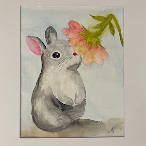 Bunny rabbit smelling flower painting, 11&quot; x 14