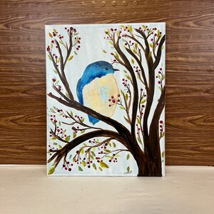 Blue bird with berries Acrylic painting