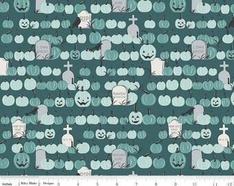 RILEY BLAKE, Pumpkin, Halloween, TEAL, #10576, fabric, cotton, quilt cotton- Spooky Hollow de Riley Blake