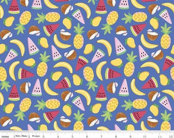 RILEY BLAKE, Fruit, banana, ananas, BLUE, 10891, Rainbow Fruit, fabric, cotton, quilt cotton