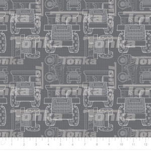 May include: A seamless pattern featuring a white outline of a Tonka dump truck on a gray background. The truck is repeated throughout the pattern.
