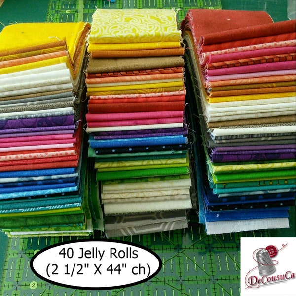 40 Strips 2 1/2" X 44", 40 colors, Designer Cotton, colors and prints mixtes