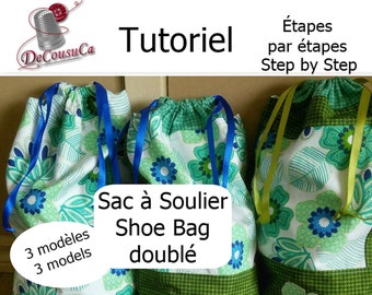 PDF, Tutorial, Shoe bag, 3 models,  inch, cm, bonus: badges, explained step by step photos, pattern to download, French, English,