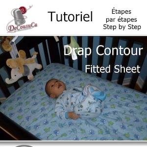 Puede incluir: Un tutorial para hacer una sábana ajustable para una cuna estándar, 27 pulgadas por 54 pulgadas por 6 pulgadas. La imagen muestra un bebé durmiendo en una cuna con una sábana ajustable. El tutorial está en formato PDF.