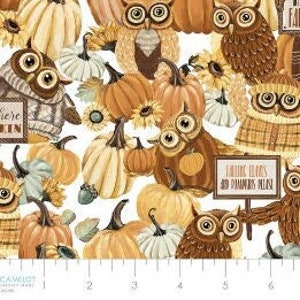 May include: White fabric with a repeating pattern of brown and orange owls, pumpkins, and sunflowers. The text "Where there's a will, there's a way" is printed on a small sign in the lower left corner. The text "Autumn Leaves and Pumpkins, Please" is printed on a larger sign in the lower right corner.