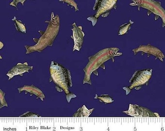 RILEY BLAKE, Fabric trout pattern 100% cotton, #10552 NAVY, variable sizes - At The Lake of Riley Blake