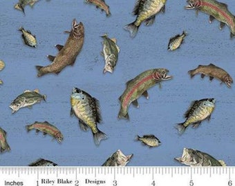 RILEY BLAKE, Fabric trout pattern 100% cotton, 10552 BLUE - At The Lake of Riley Blake