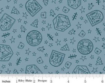 RILEY BLAKE, Fabric badge pattern 100% cotton, 10465 DENIM- Camp Woodland of Riley Blake