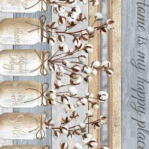 Peut inclure: Un design rustique de style farmhouse avec des bocaux en verre avec des citations inspirantes et des boules de coton. L'arrière-plan est un motif de bois grainé brun et bleu clair avec le texte "Home is my happy place".