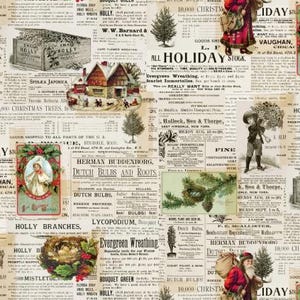 May include: Fabric featuring a vintage newspaper print with Christmas imagery including Santa Claus in a red coat, a snow-covered house, bird nests with eggs, holly branches, and evergreen trees. The text includes advertisements for bulbs and roots.
