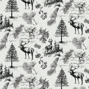 May include: A light gray fabric featuring a repeating black ink illustration pattern of deer, pine trees, pinecones, and holly branches, overlaid with cursive script text. A white ruler with inch markings is visible along the bottom edge.