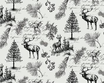 Christmas Joy to the World, Cotton Fabric, Camelot Fabrics, 66250502, Black and Cream Deer and Forest Toile, Quilting Patchwork Cotton