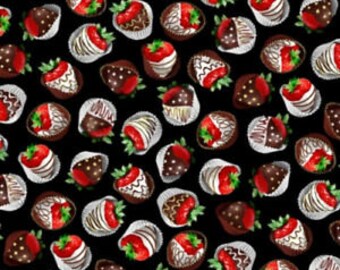 End of Bolt, QUILTING FABRIC Chocolate strawberry, cotton quilt, cotton designer - Benartex Fabrics