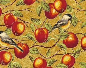 QUILTING FABRIC, apples and birds, 100% Cotton - Bounty of the season, Robert Kaufman