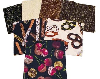 CHOCOLATE, 42 squares 5 inchs, Caramilk, Pretzel, Cherries - Chocolicious de Benartex Fabrics