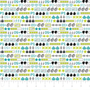 May include: A white background with a repeating pattern of green, blue, and black icons. The icons include arrows, stars, diamonds, coins, bombs, locks, and the text "OS+", "P1", "P2+100", "1UP", "01+", and "XXX".