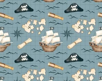 Fabric cotton, TREASURE MAP, Blue, 56240101, 02, Quilt Fabrics, 100% cotton, quilt cotton - Pirates Ahoy of Camelot Fabrics