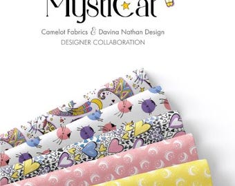 QUILT FABRICS, 42 squares 5 inchs, Cat, 100% cotton, quilt cotton - Mysticat of Camelot Fabrics