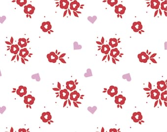 CAMELOT FABRICS, Red flowers, Small pink hearts, white background, XOXO, 21190706, col 01, cotton, cotton quilt, cotton designer