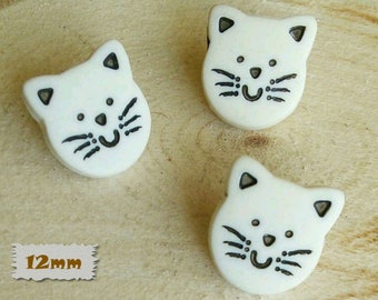 3 Buttons, Cat, White, 1/2 ", 12mm, Polyester, Casein, Vintage, 1980, Fancy Button, Solid Button, BF50
