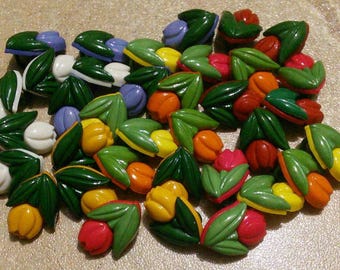 15mm, 100 Buttons TULIP DARK GREEN , leaf dark green, plastic, vintage, BF11-4