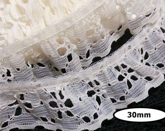 Gathered lace trim vintage, IVORY, 30mm, vintage lace