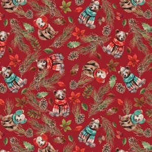 Peut inclure: Motif répétitif sur fond rouge avec des ours en écharpes et chapeaux. Des aiguilles de pin, des pommes de pin et des feuilles sont dispersées dans le motif, créant un thème de vacances festif.