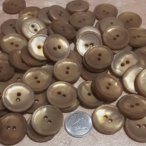 May include: A pile of light brown, round buttons with two holes. The buttons have a pearlescent finish and a slight colour variation. A silver coin is also present amongst the buttons.