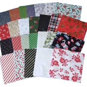 May include: A collection of rectangular fabric swatches featuring various patterns including red and white stripes, green and white polka dots, black and white plaid, floral prints, and holiday-themed motifs like poinsettias, berries, and yarn balls.